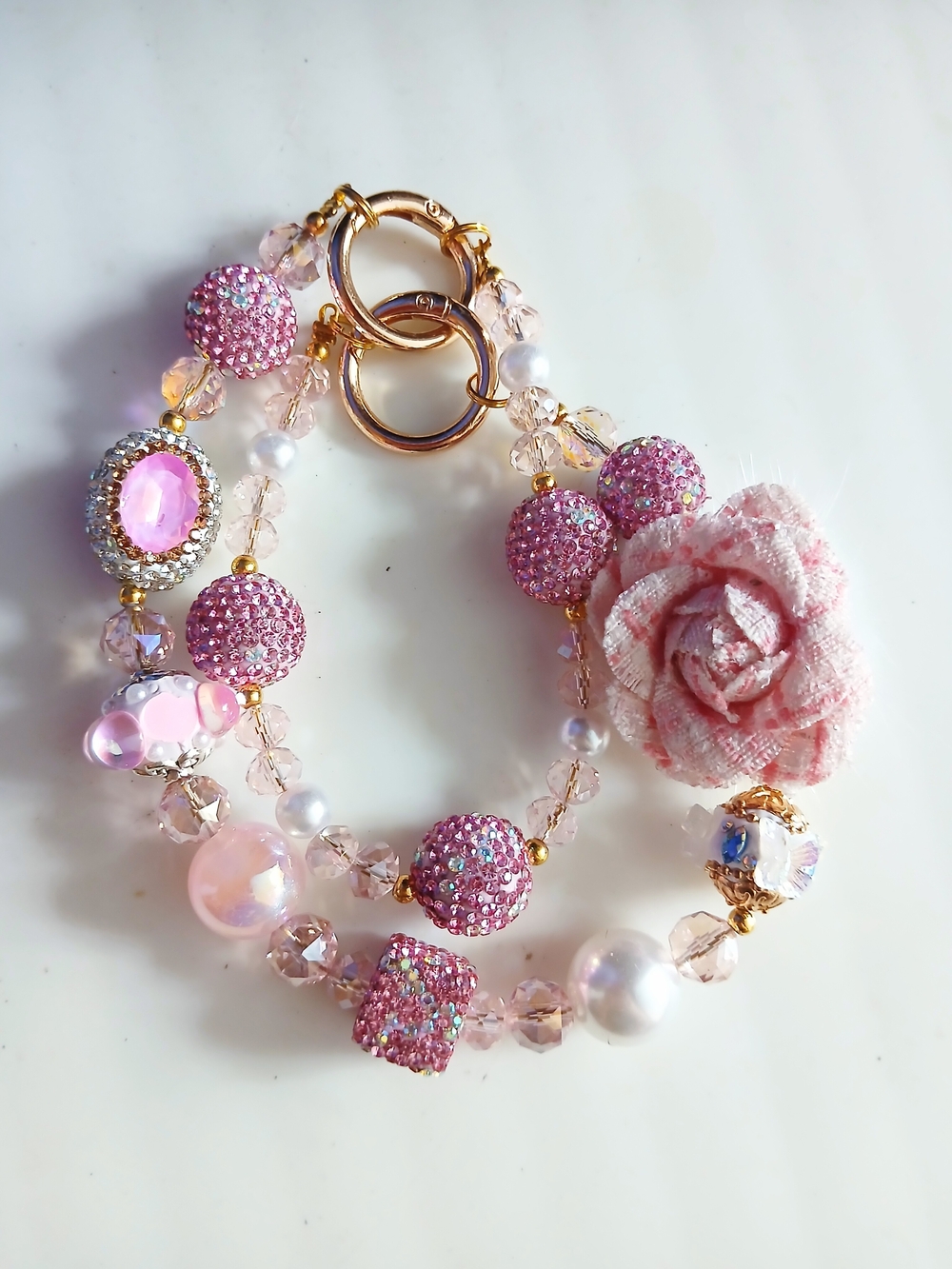 Pink Crystal Beaded Phone/Wallet/Bag Charm with Fabric Rose